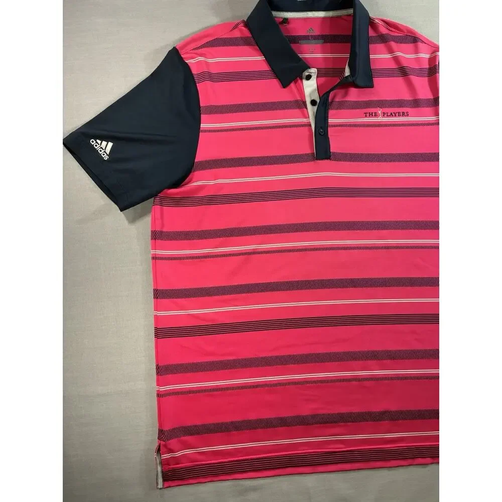 Adidas Golf Polo Men’s Large Pink Navy Striped The Players Championship Shirt